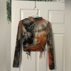 Orange Tie Dye Cropped Long Sleeve Top with High Neck and Ruched Sides. Size M